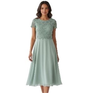 Vintage After Dark Green Chiffon Lace Overlay Dress Size 16 Formal MOB Elegant